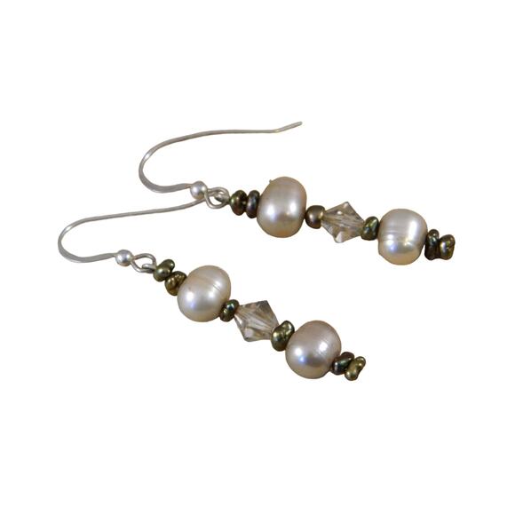 Vintage Drop Earrings Pearls Rhinestones Silver - Picture 1 of 7
